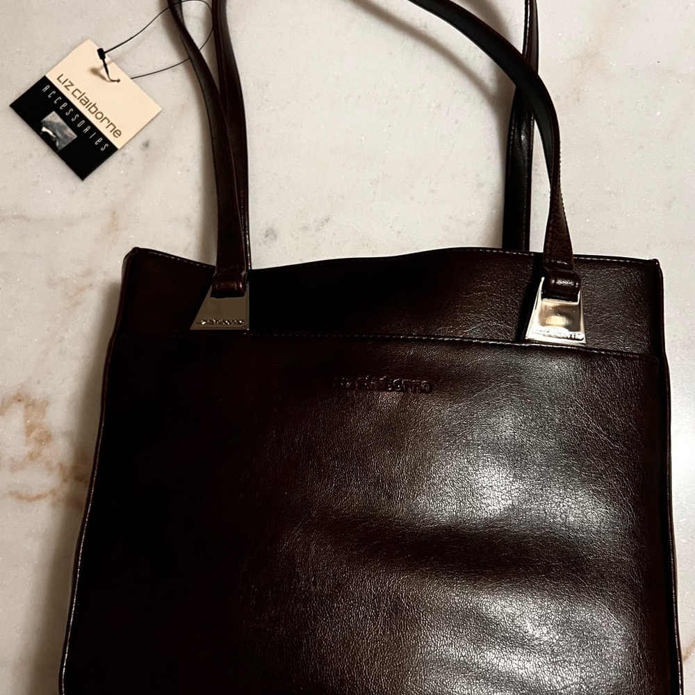 Vintage Dark Brown Faux Leather Liz Claiborne Shoulder Bag New with Tags NOS 90s